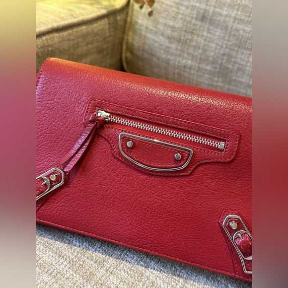 Balenciaga Red Lambskin Leather Metallic Edge Wallet On Chain Bag - Picture 2 of 14